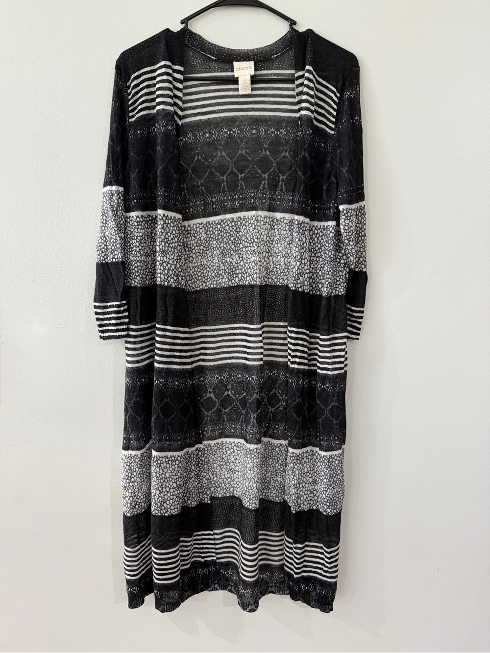 Chico's Black White Patterned Striped Women's 3 Knit Kimono Duster Open Cardigan